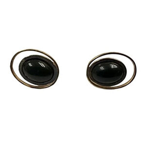 Vintage Openwork Oval Black Onyx Stud Earrings Gold Tone